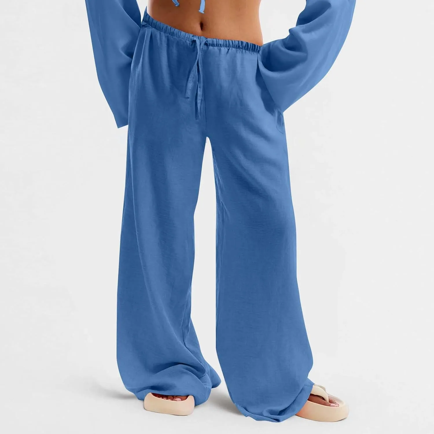 Palazzo Pants for Women Baggy Wide Leg Low Rise Linen Pants Loose Drawstring Long Lounge Trousers with Pockets