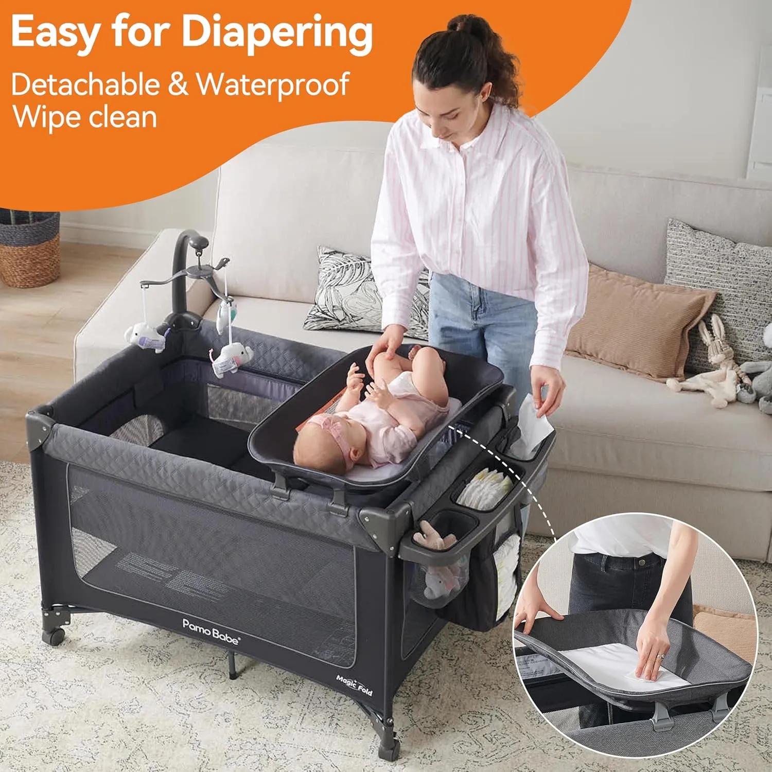 Pamo Babe 1-Second Setup 3-in-1 Playard for Babies - Heavy-Duty Steel Frame for Safe Sleep Space, Portable Crib with Zip Door & Changing Table, Locking Wheels, Breathable Mesh
