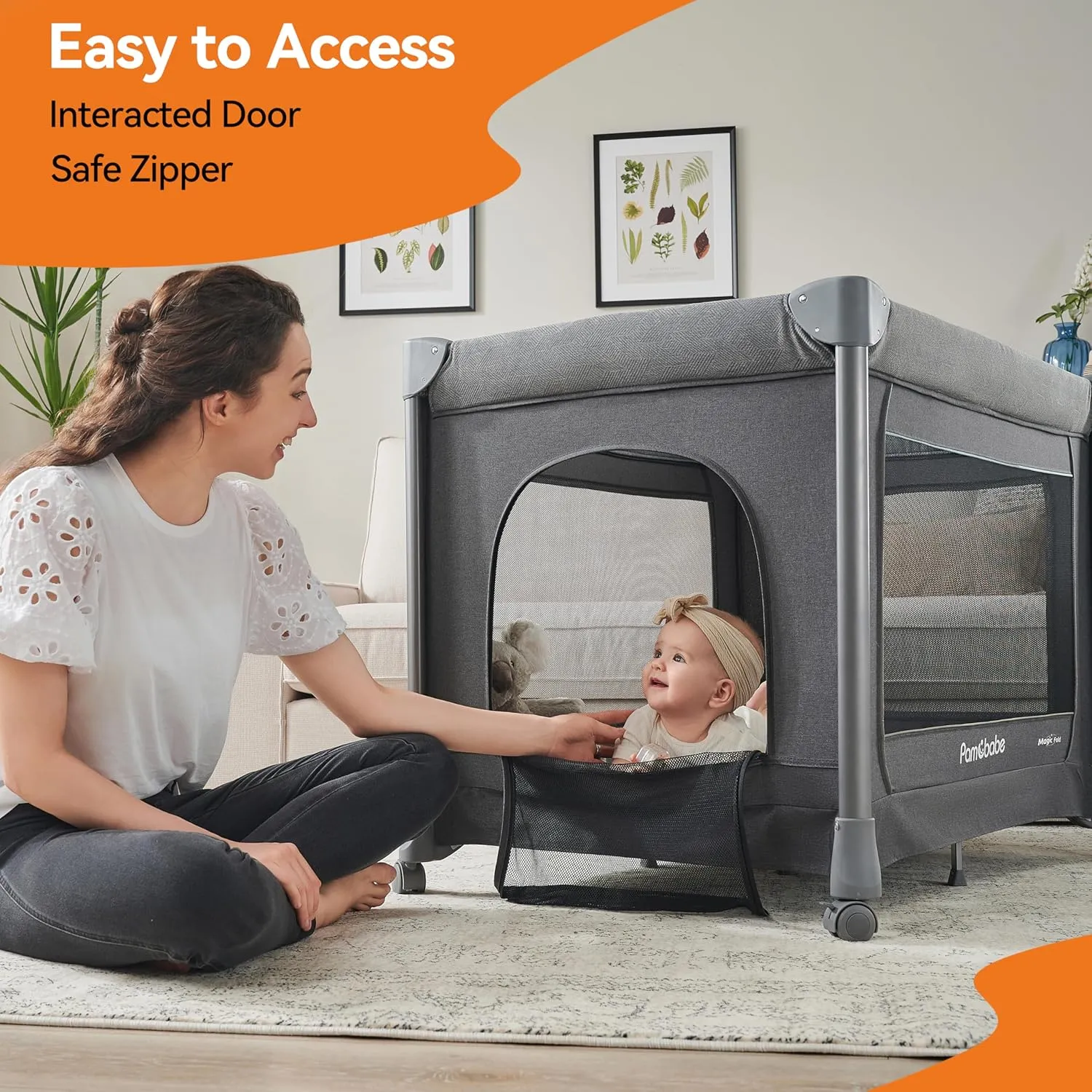 Pamo Babe 1-Second Setup 5-in-1 Playard for Babies - Heavy-Duty Steel Frame for Safe Sleep Space, Portable Crib with Zip Door & Changing Table, Locking Wheels, Breathable Mesh