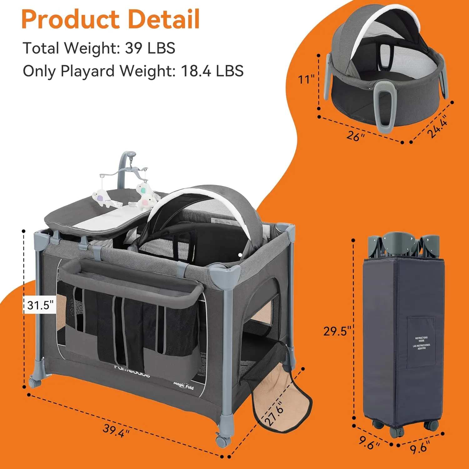 Pamo Babe 1-Second Setup 5-in-1 Playard for Babies - Heavy-Duty Steel Frame for Safe Sleep Space, Portable Crib with Zip Door & Changing Table, Locking Wheels, Breathable Mesh