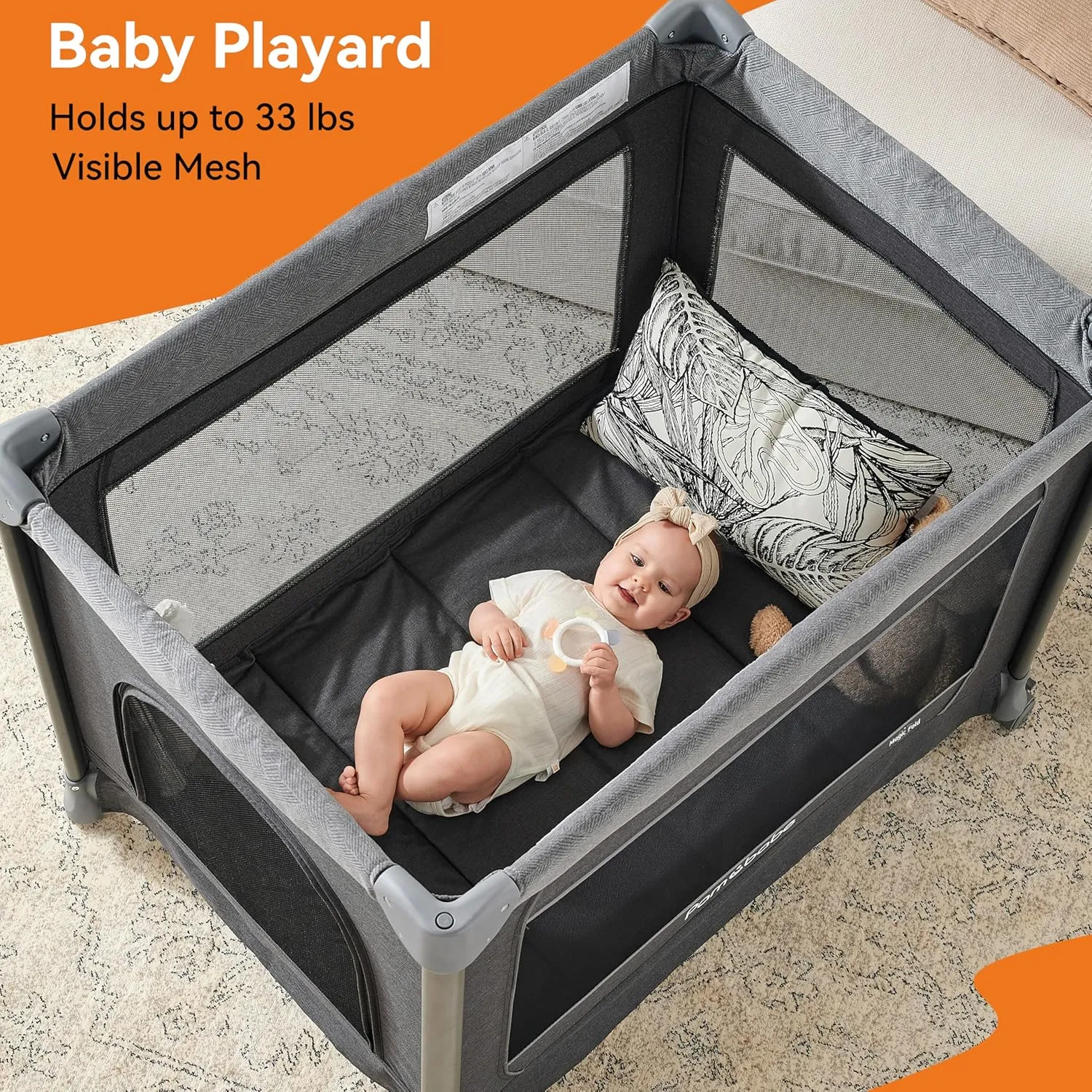 Pamo Babe 1-Second Setup 5-in-1 Playard for Babies - Heavy-Duty Steel Frame for Safe Sleep Space, Portable Crib with Zip Door & Changing Table, Locking Wheels, Breathable Mesh