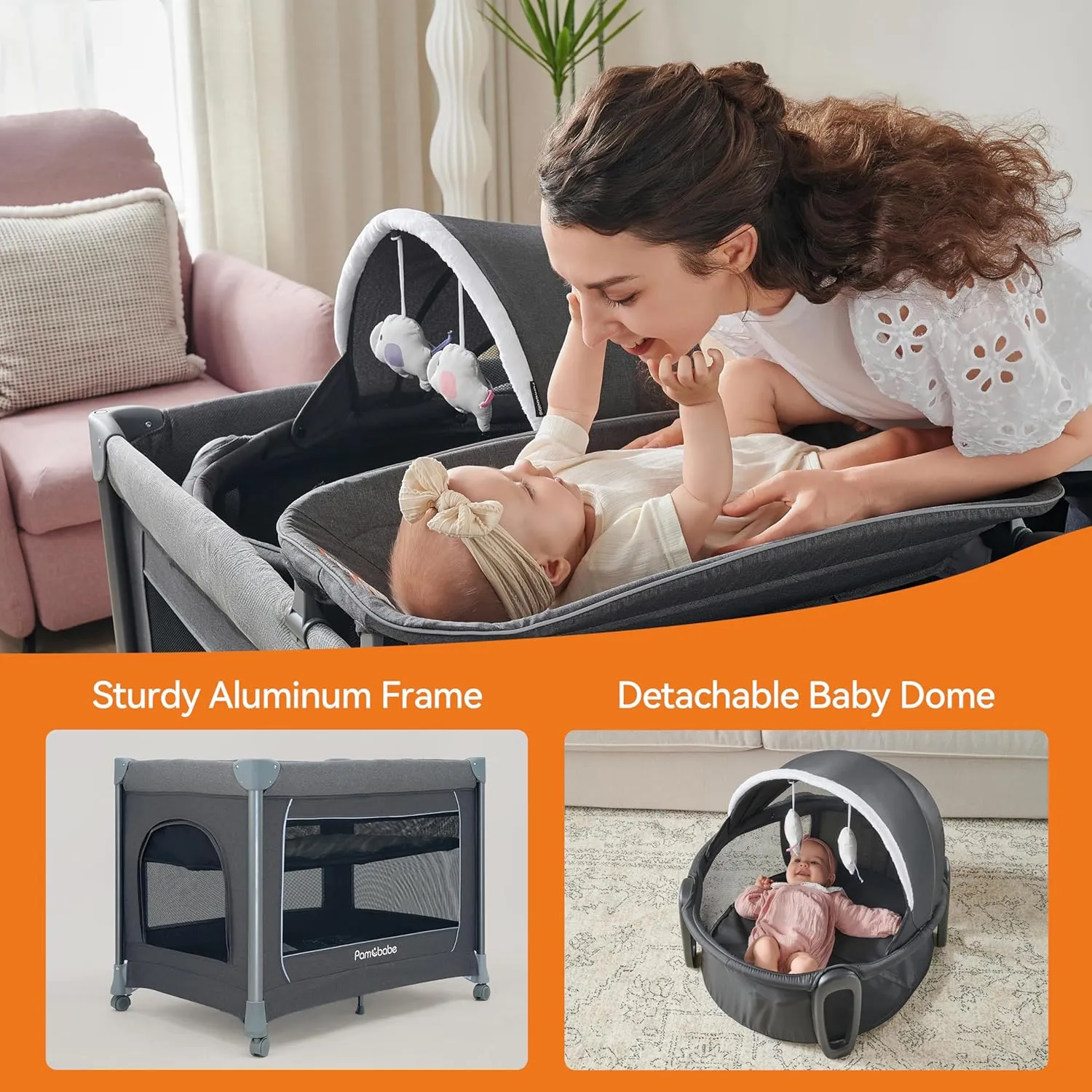 Pamo Babe 1-Second Setup 5-in-1 Playard for Babies - Heavy-Duty Steel Frame for Safe Sleep Space, Portable Crib with Zip Door & Changing Table, Locking Wheels, Breathable Mesh