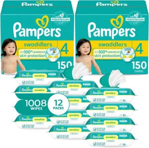 Pampers Swaddlers Disposable Baby Diapers Size 4, 2 Month Supply (2 x 150 Count) with Sensitive Water Based Baby Wipes 12X Multi Pack Pop-Top and Refill (1008 Count)