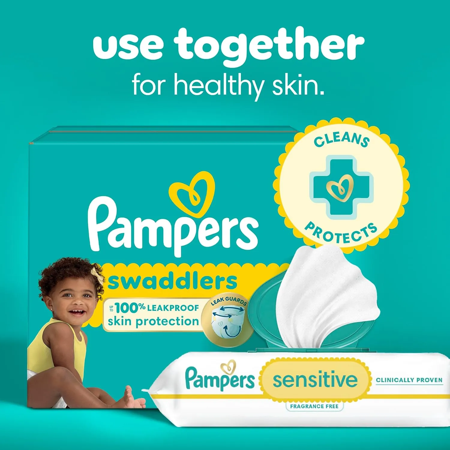 Pampers Swaddlers Disposable Baby Diapers Size 4, 2 Month Supply (2 x 150 Count) with Sensitive Water Based Baby Wipes 12X Multi Pack Pop-Top and Refill (1008 Count)