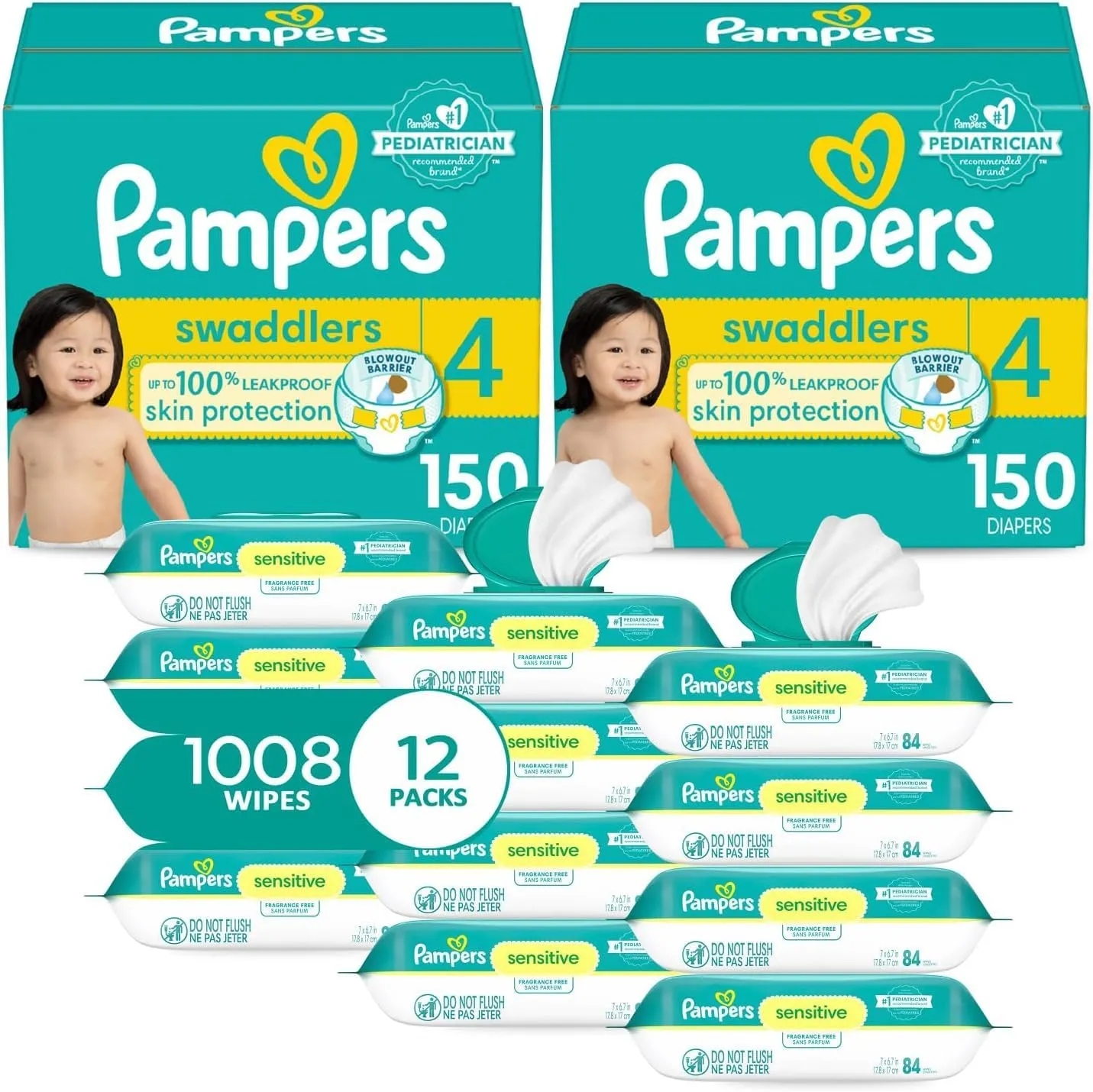 Pampers Swaddlers Disposable Baby Diapers Size 4, 2 Month Supply (2 x 150 Count) with Sensitive Water Based Baby Wipes 12X Multi Pack Pop-Top and Refill (1008 Count)
