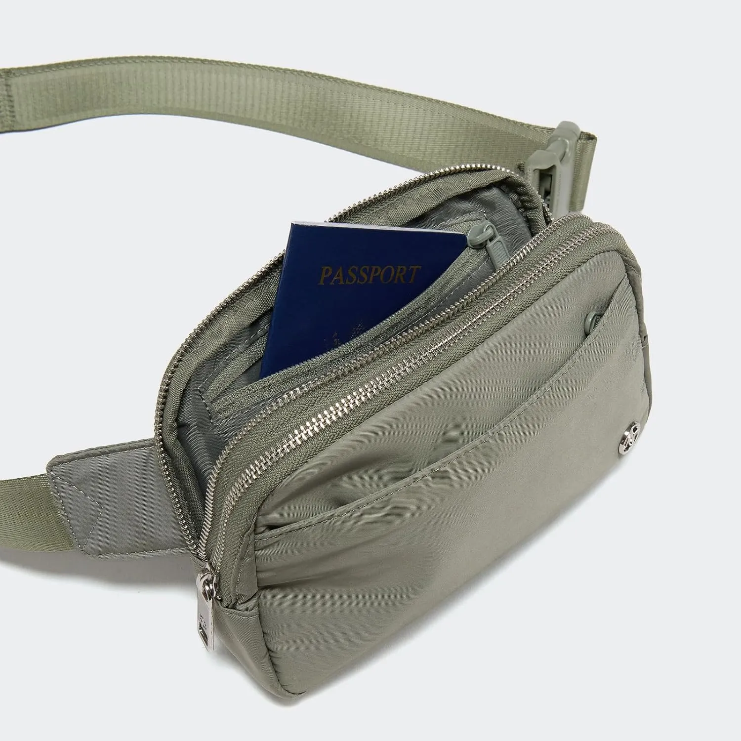 Pander Everywhere Belt Bag for Women, 5 Zipper Pockets Nylon Crossbody Fanny Pack Purse (Grey Sage).