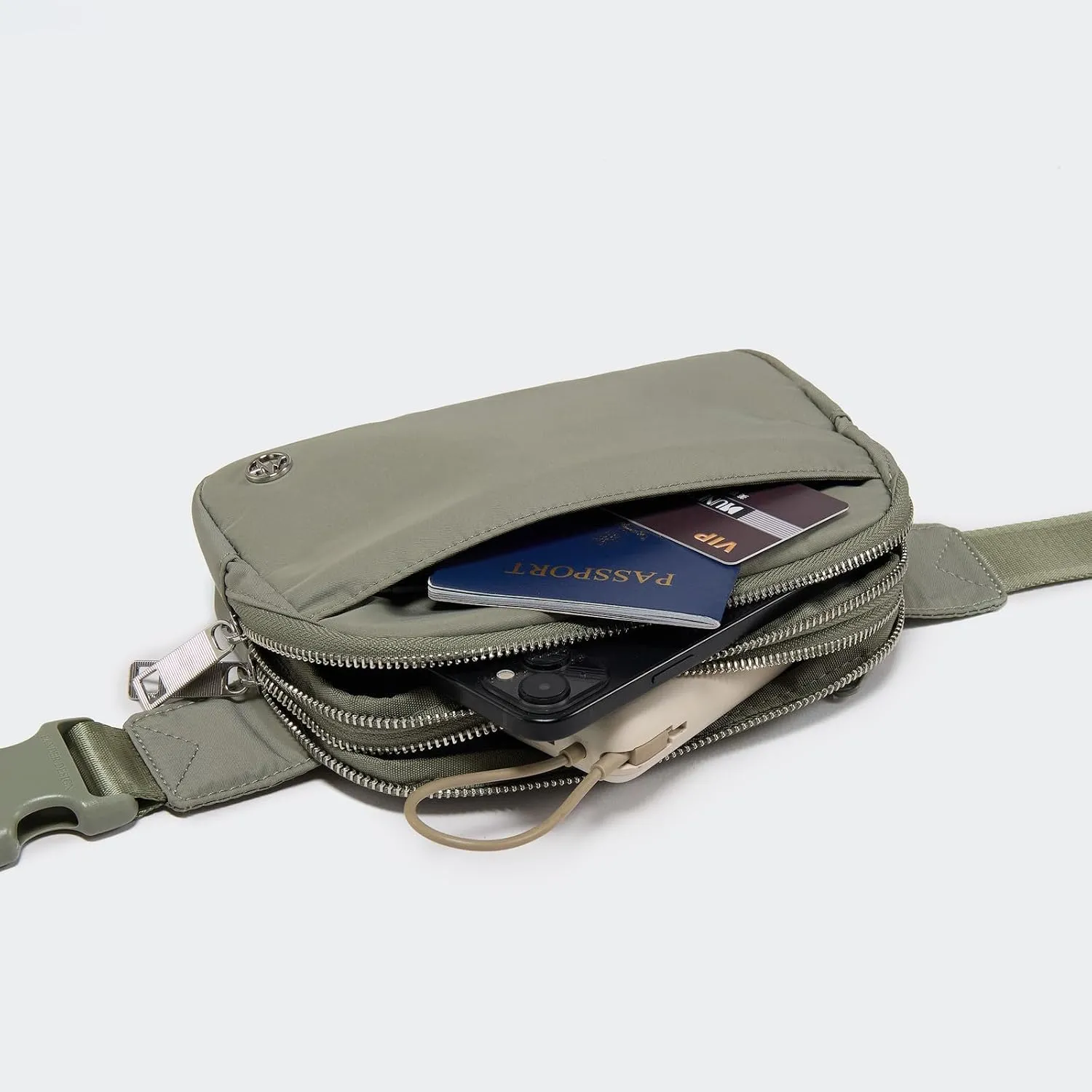 Pander Everywhere Belt Bag for Women, 5 Zipper Pockets Nylon Crossbody Fanny Pack Purse (Grey Sage).