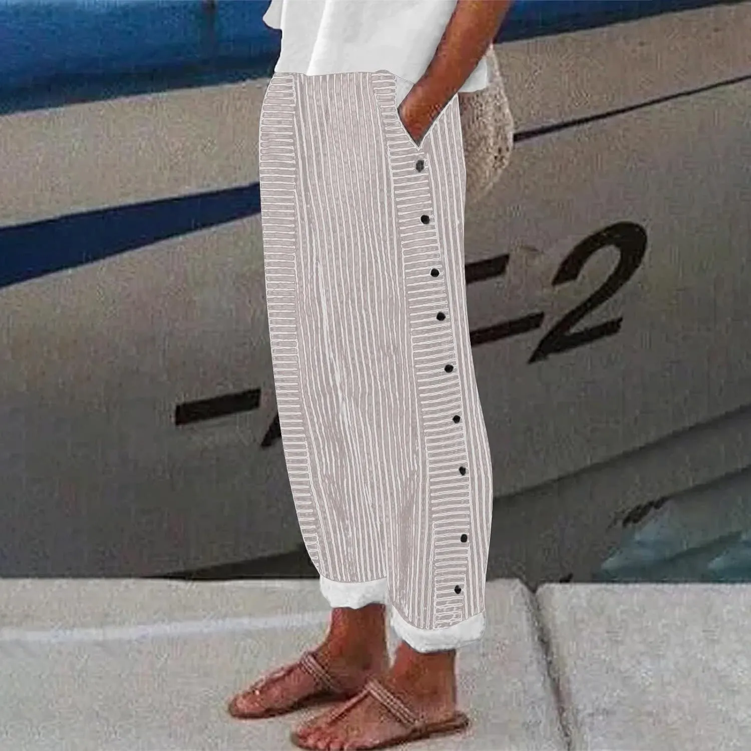 PantalóN De Lino para Mujer Elastic Waistband High Waistband Pocket Pants Linen Pants for Women Pantalon Lino Mujer