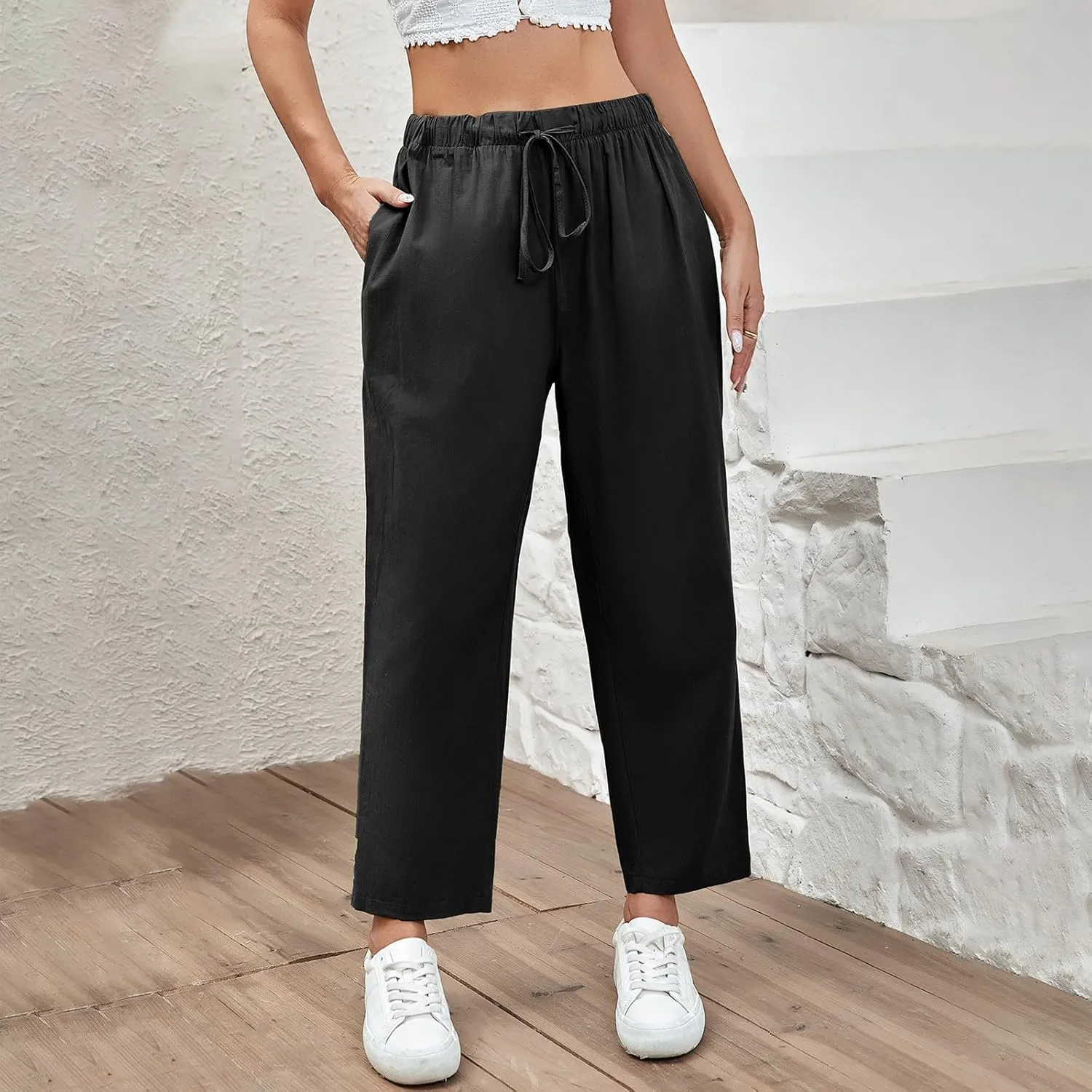 PantalóN De Lino para Mujer Pants Lightweight Elastic Waist Cropped Pants Plus Size Solid Trousers Women's Linen s