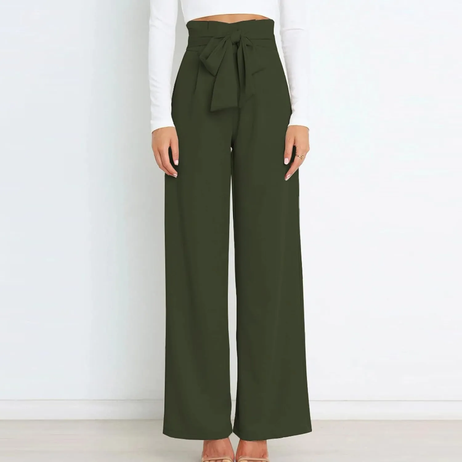 Paper Bag Pants Women High Waist Summer Casual Wide Leg Palazzo Pant Elegant Belted Long Trousers with Pockets