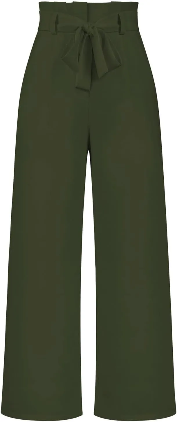 Paper Bag Pants Women High Waist Summer Casual Wide Leg Palazzo Pant Elegant Belted Long Trousers with Pockets