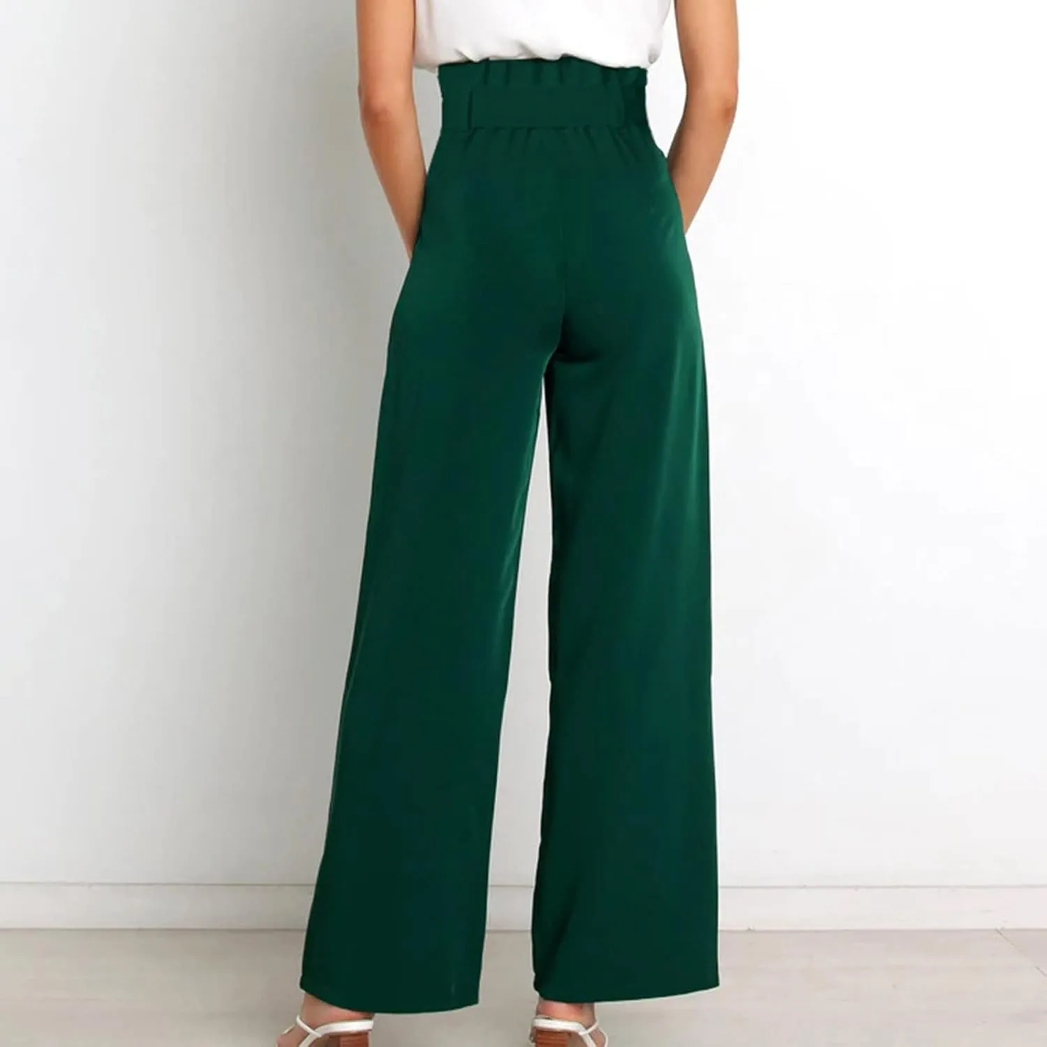 Paper Bag Pants Women High Waist Summer Casual Wide Leg Palazzo Pant Elegant Belted Long Trousers with Pockets