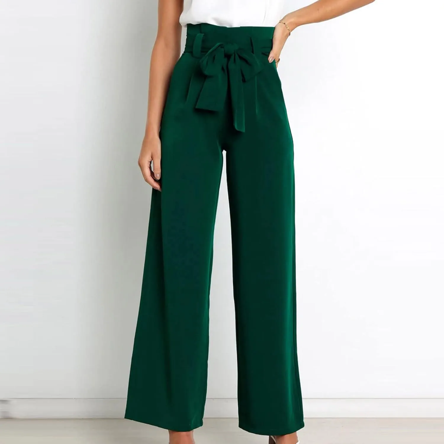 Paper Bag Pants Women High Waist Summer Casual Wide Leg Palazzo Pant Elegant Belted Long Trousers with Pockets
