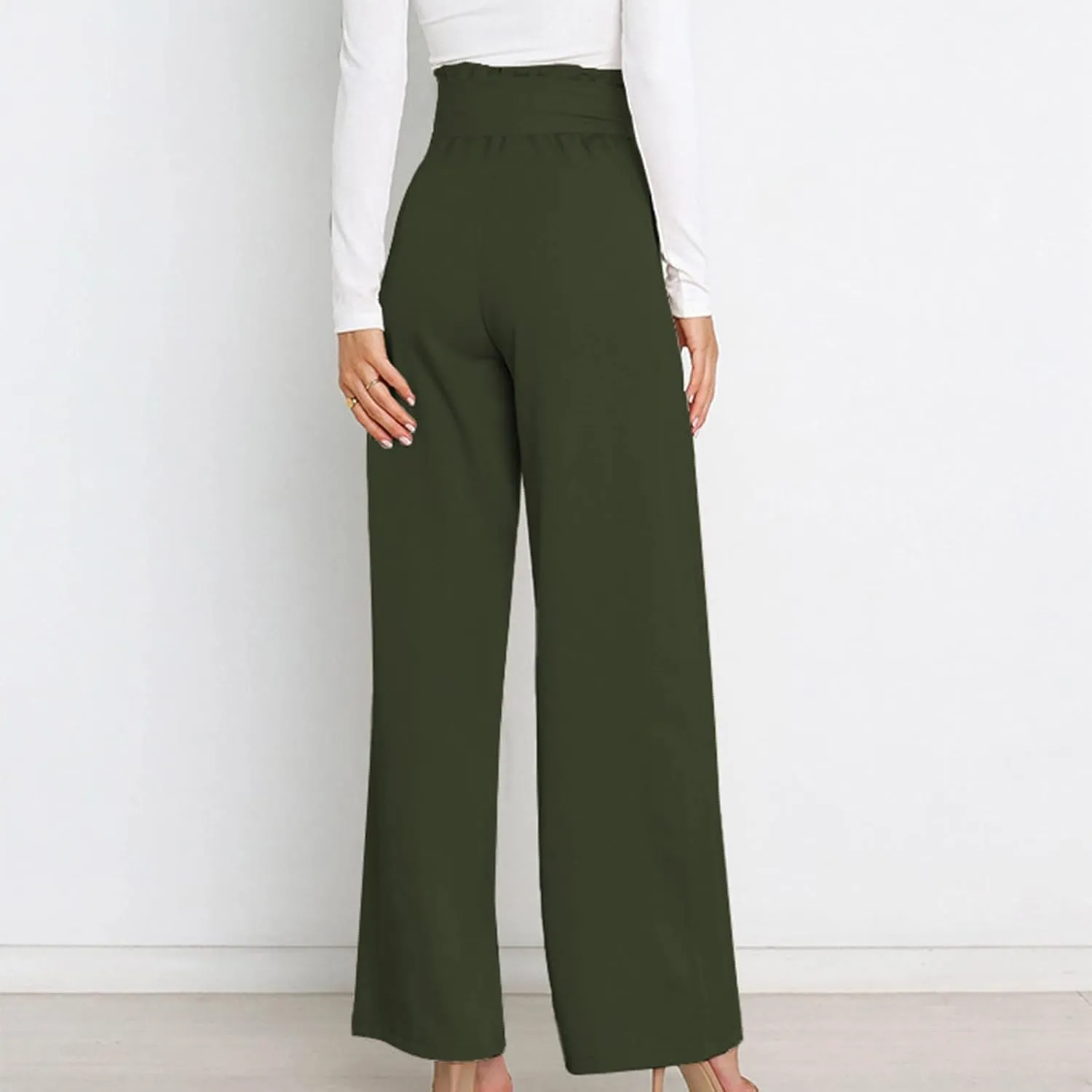 Paper Bag Pants Women High Waist Summer Casual Wide Leg Palazzo Pant Elegant Belted Long Trousers with Pockets