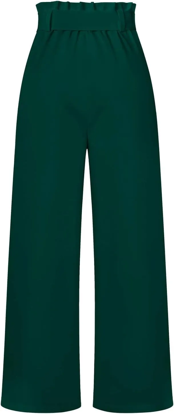 Paper Bag Pants Women High Waist Summer Casual Wide Leg Palazzo Pant Elegant Belted Long Trousers with Pockets
