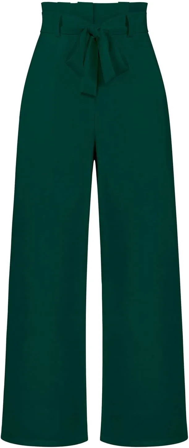 Paper Bag Pants Women High Waist Summer Casual Wide Leg Palazzo Pant Elegant Belted Long Trousers with Pockets