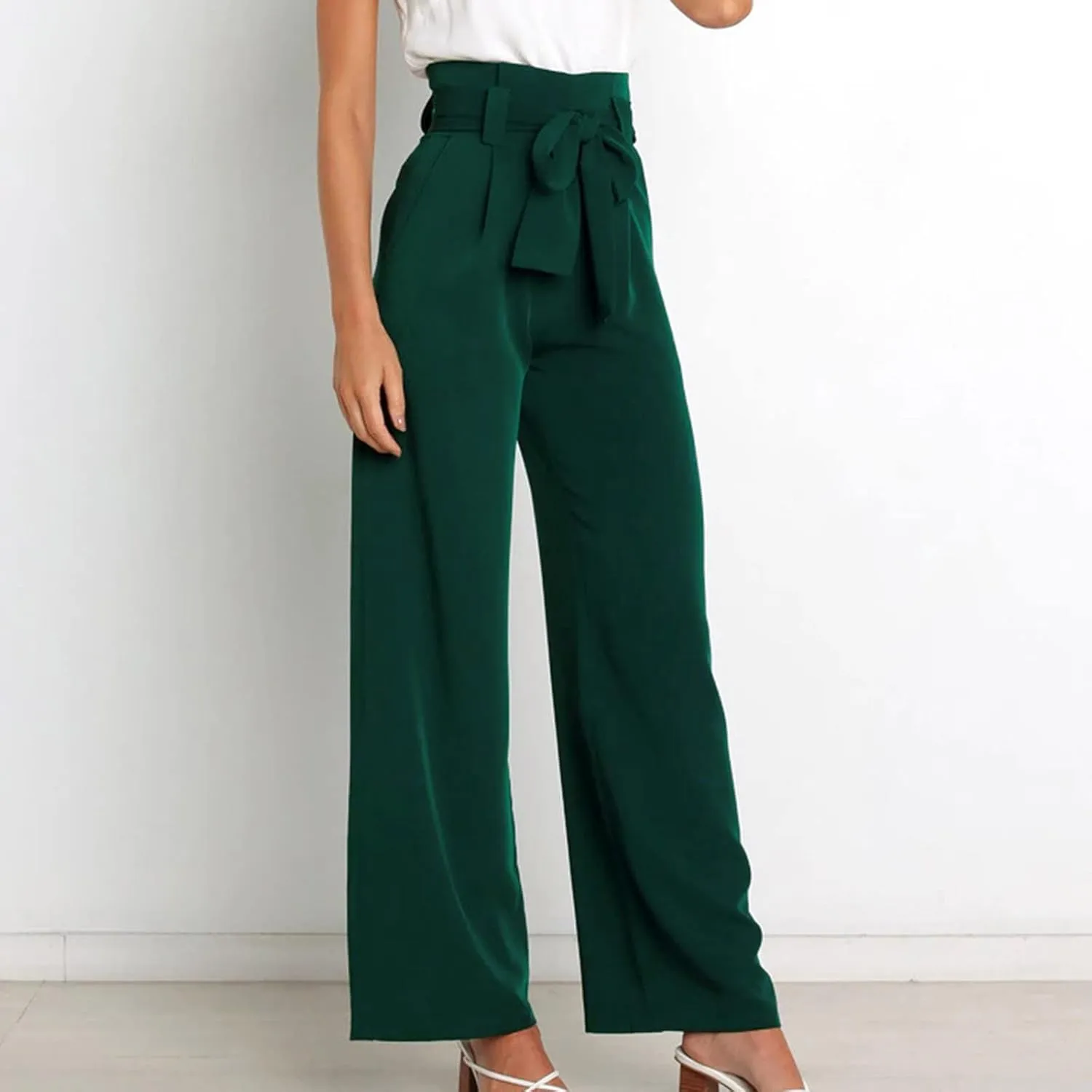 Paper Bag Pants Women High Waist Summer Casual Wide Leg Palazzo Pant Elegant Belted Long Trousers with Pockets