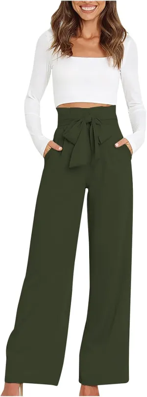 Paper Bag Pants Women High Waist Summer Casual Wide Leg Palazzo Pant Elegant Belted Long Trousers with Pockets