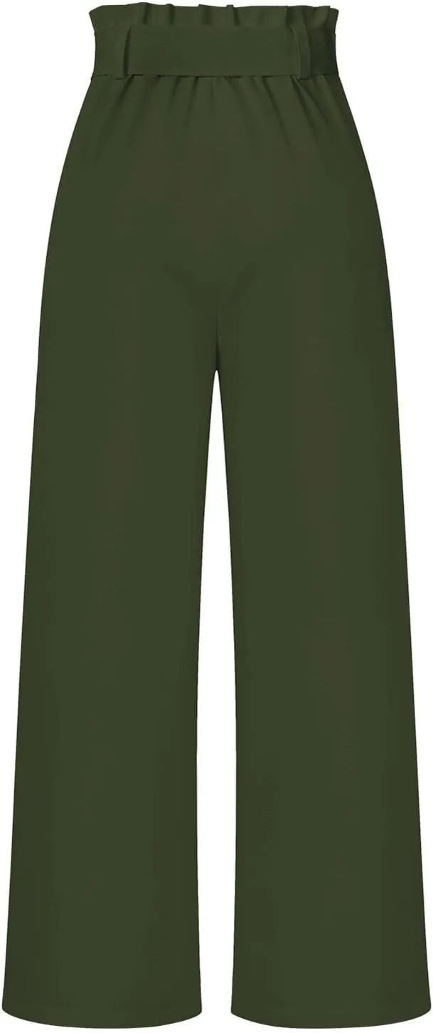Paper Bag Pants Women High Waist Summer Casual Wide Leg Palazzo Pant Elegant Belted Long Trousers with Pockets