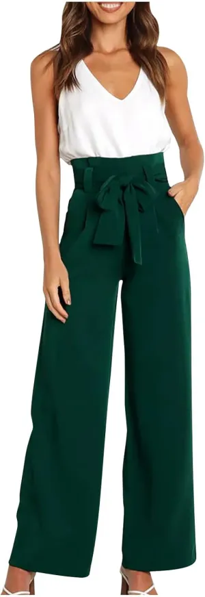 Paper Bag Pants Women High Waist Summer Casual Wide Leg Palazzo Pant Elegant Belted Long Trousers with Pockets
