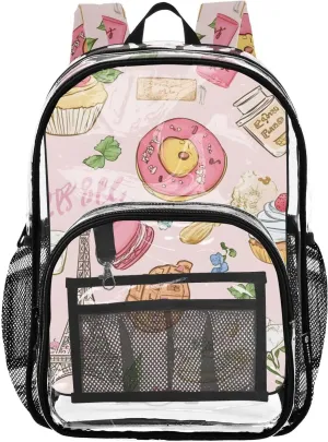 Parisian Dessert Fantasy Clear Plastic Backpack - Transparent PVC Heavy Duty Bag with Large Main Pocket and Mesh Pockets - Ideal for School, Travel, Outings - Clear Backpack for Everyday Use