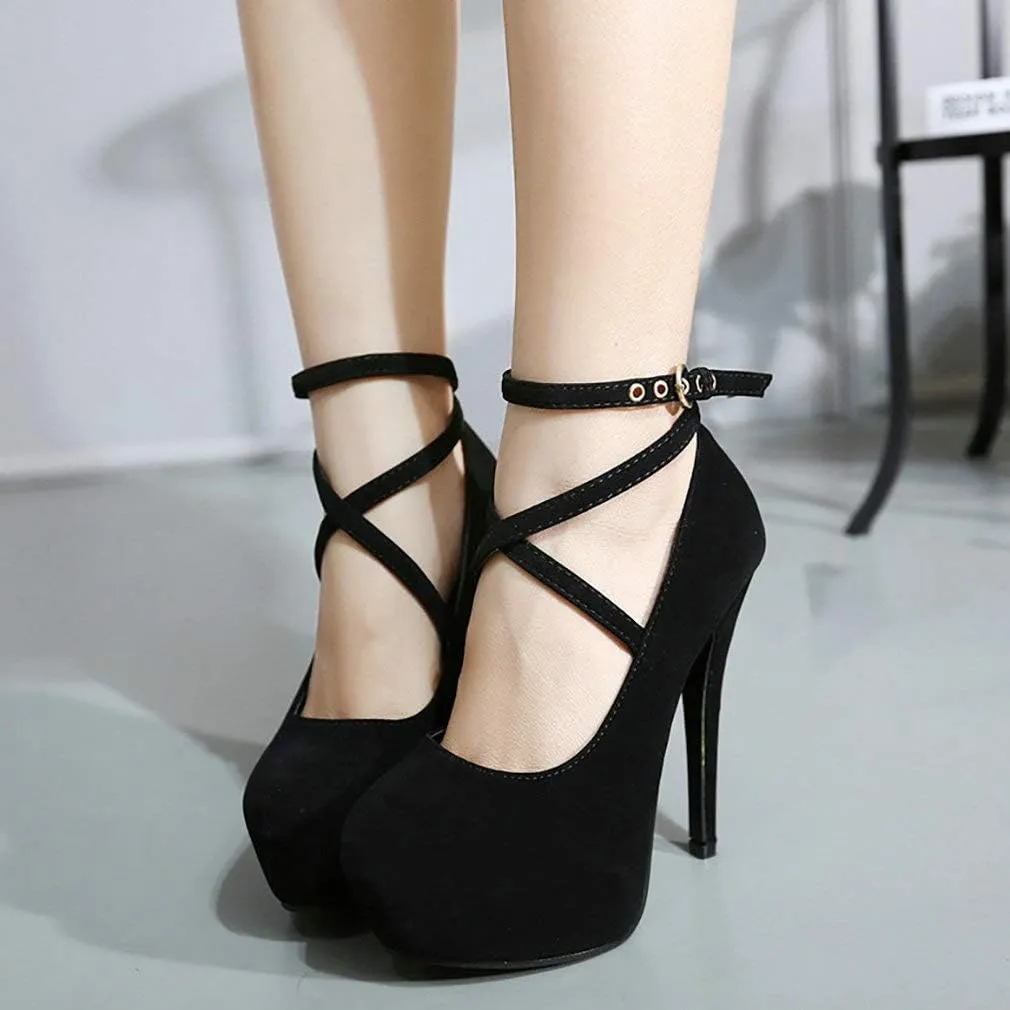 Parisuit Women's Cross Strap High Heels Stiletto Platform Pumps Faux Suede Sexy Party Dress Shoes