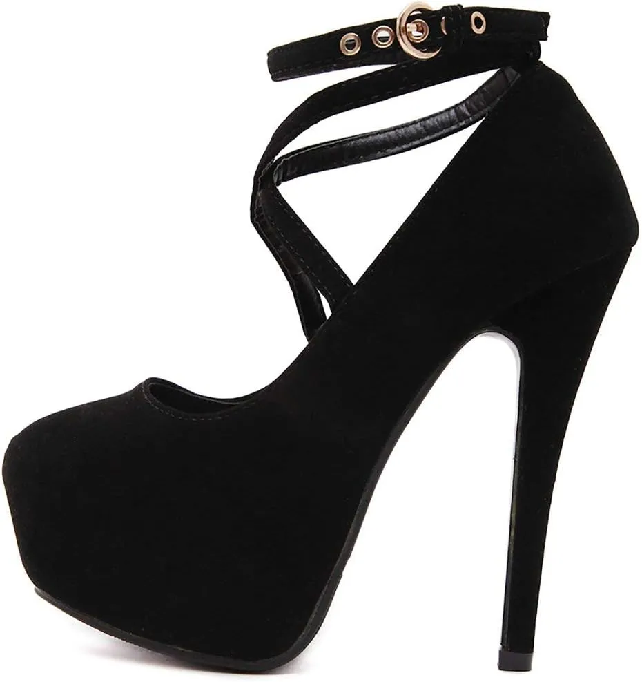 Parisuit Women's Cross Strap High Heels Stiletto Platform Pumps Faux Suede Sexy Party Dress Shoes