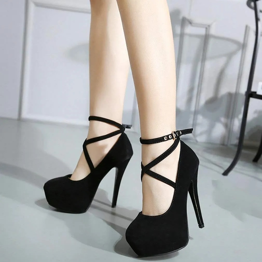 Parisuit Women's Cross Strap High Heels Stiletto Platform Pumps Faux Suede Sexy Party Dress Shoes