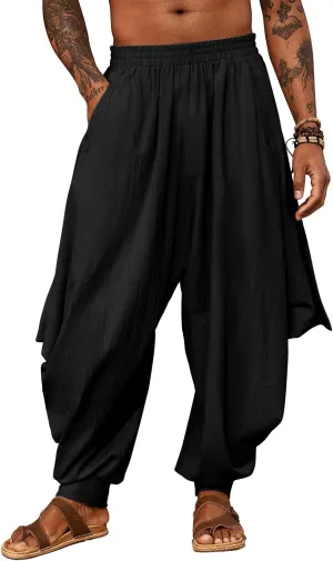 PASLTER Mens Harem Pants Linen Yoga Beach Baggy Summer Boho Aladdin Genie Pants