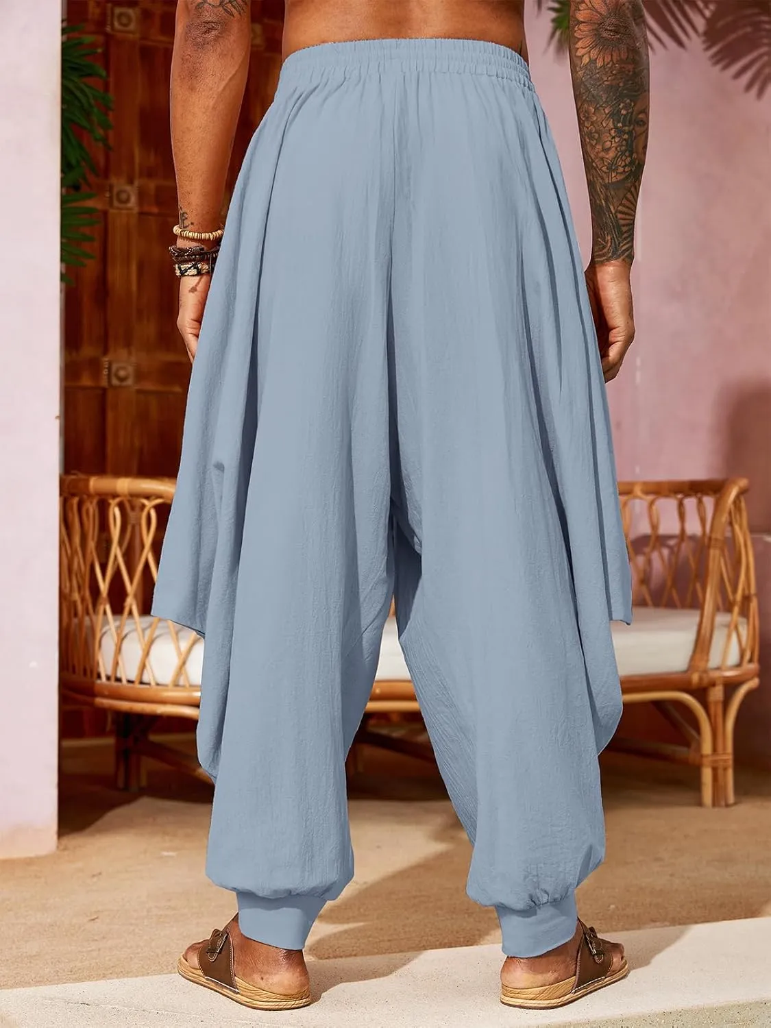 PASLTER Mens Harem Pants Linen Yoga Beach Baggy Summer Boho Aladdin Genie Pants
