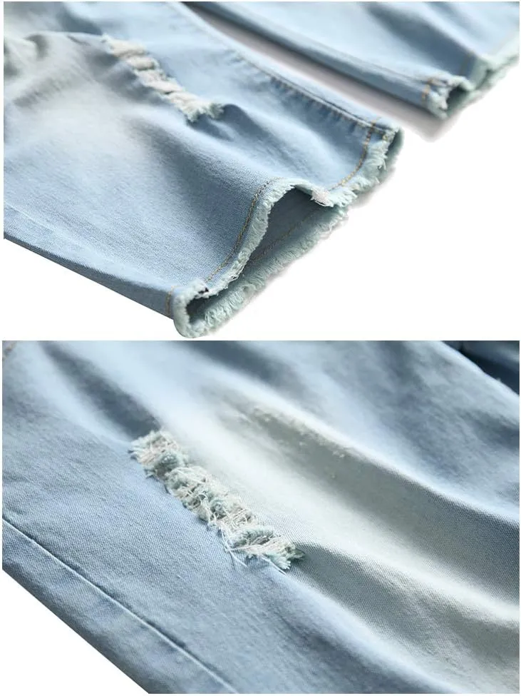 PASOK Men's Casual Denim Shorts Distressed Stretchy Jeans Shorts Ripped Short Pants