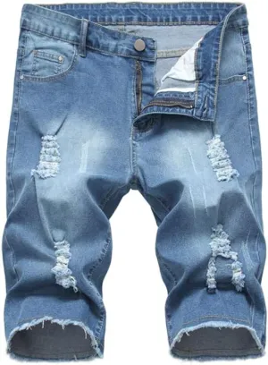 PASOK Men's Casual Denim Shorts Distressed Stretchy Jeans Shorts Ripped Short Pants