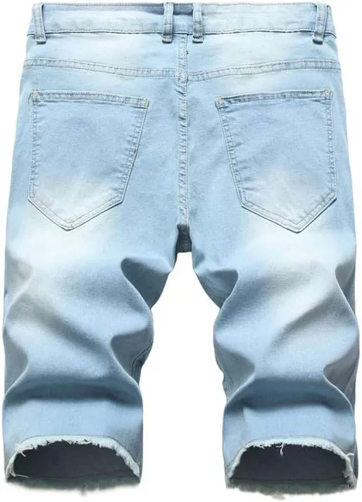 PASOK Men's Casual Denim Shorts Distressed Stretchy Jeans Shorts Ripped Short Pants