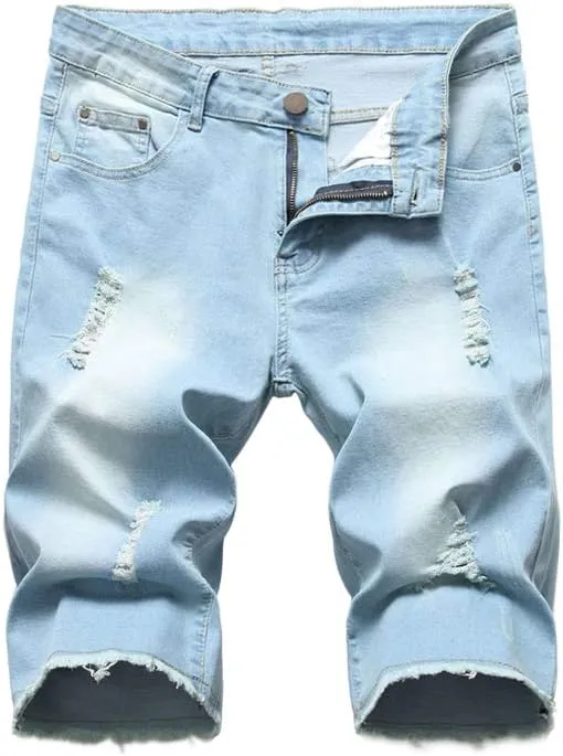 PASOK Men's Casual Denim Shorts Distressed Stretchy Jeans Shorts Ripped Short Pants