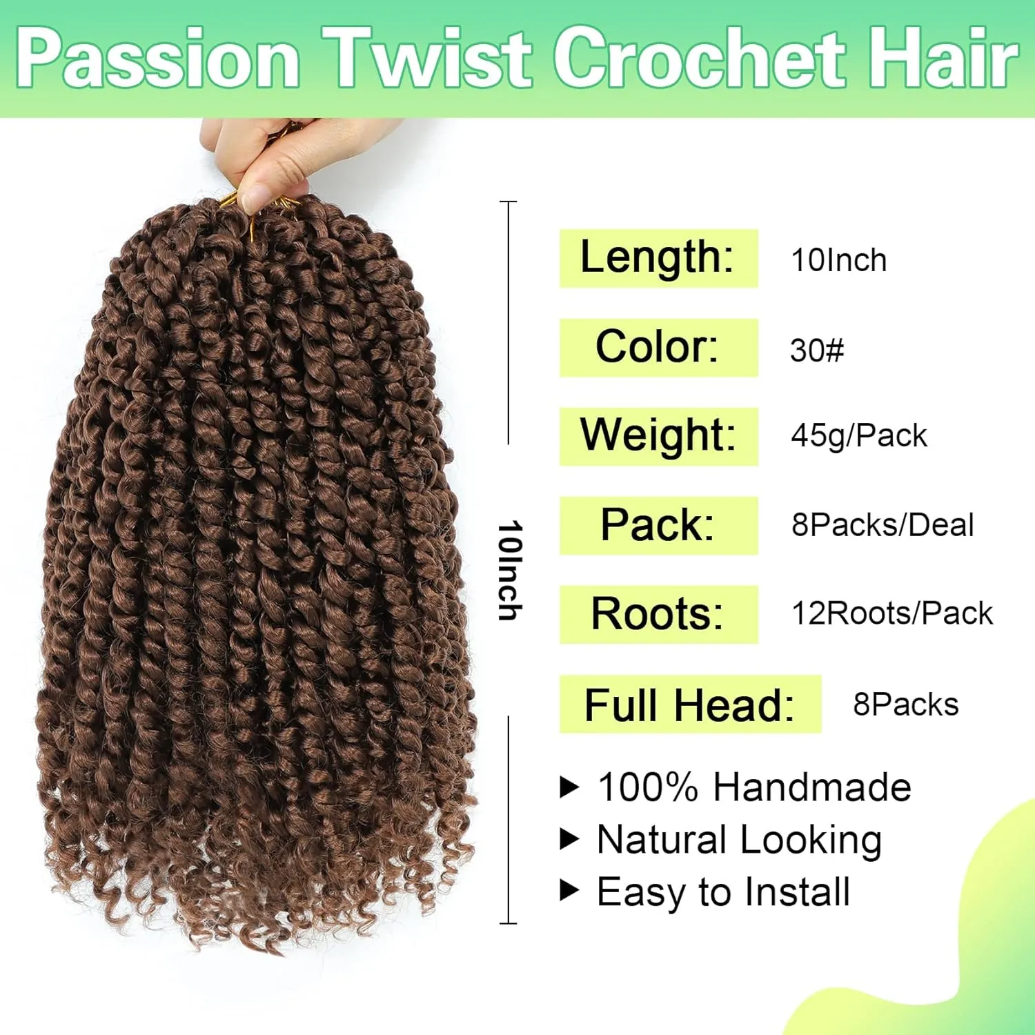 Passion Twist Crochet Hair 10Inch Passion Twist Hair 8 Packs Soft Pre-Twisted Passion Twist Curly Crochet Hair for Black Women 30#