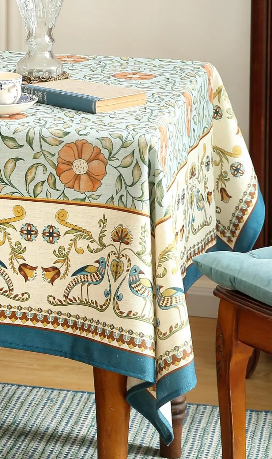 Patdrea Designer French Table Cloth, Blue Italian Floral Tablecloth, Provencal Country Spring Summer Linen Tablecloth, Wrinkle Free Table Cover for Kitchen Dining, Christmas, 55"x87"