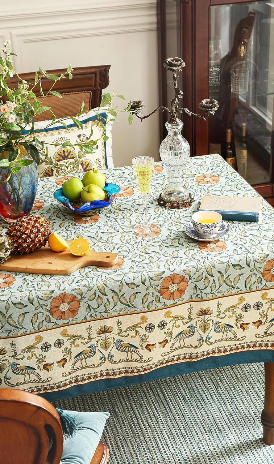 Patdrea Designer French Table Cloth, Blue Italian Floral Tablecloth, Provencal Country Spring Summer Linen Tablecloth, Wrinkle Free Table Cover for Kitchen Dining, Christmas, 55"x87"