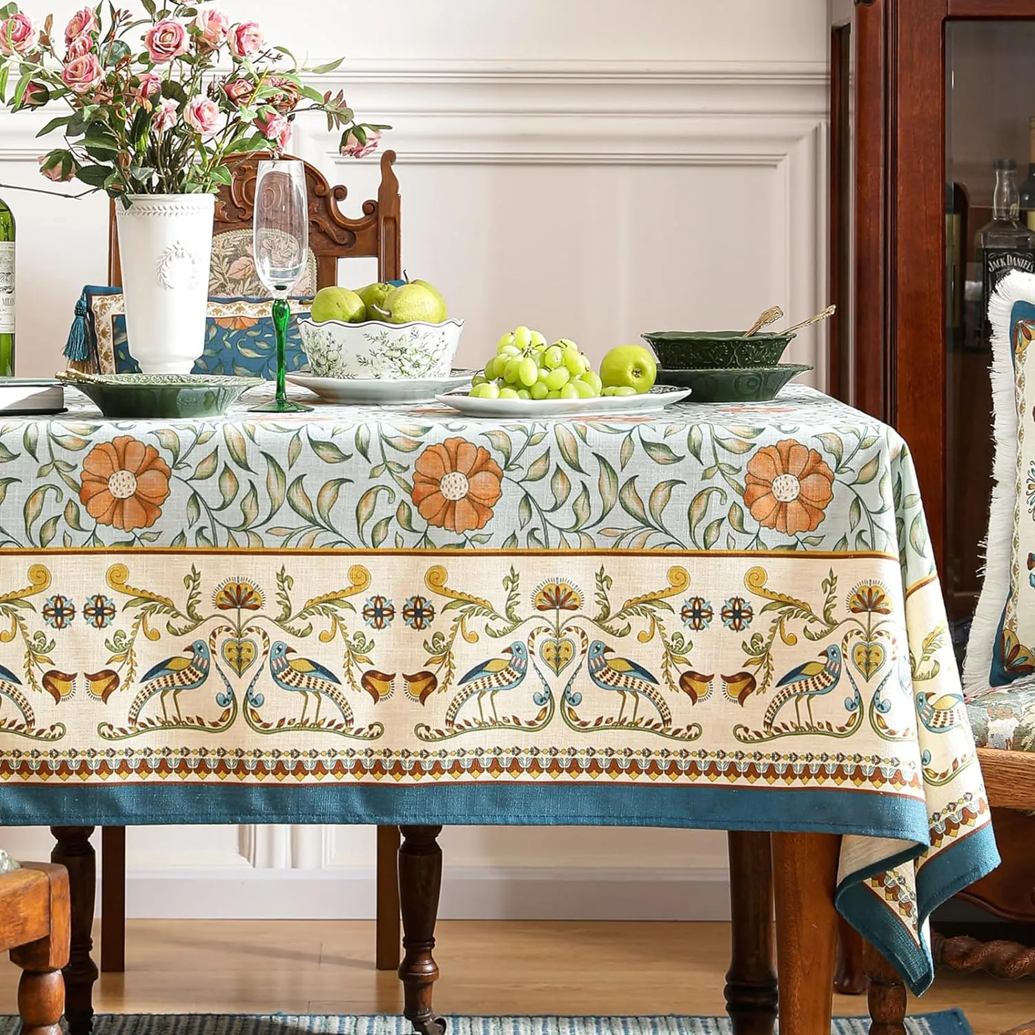Patdrea Designer French Table Cloth, Blue Italian Floral Tablecloth, Provencal Country Spring Summer Linen Tablecloth, Wrinkle Free Table Cover for Kitchen Dining, Christmas, 55"x87"