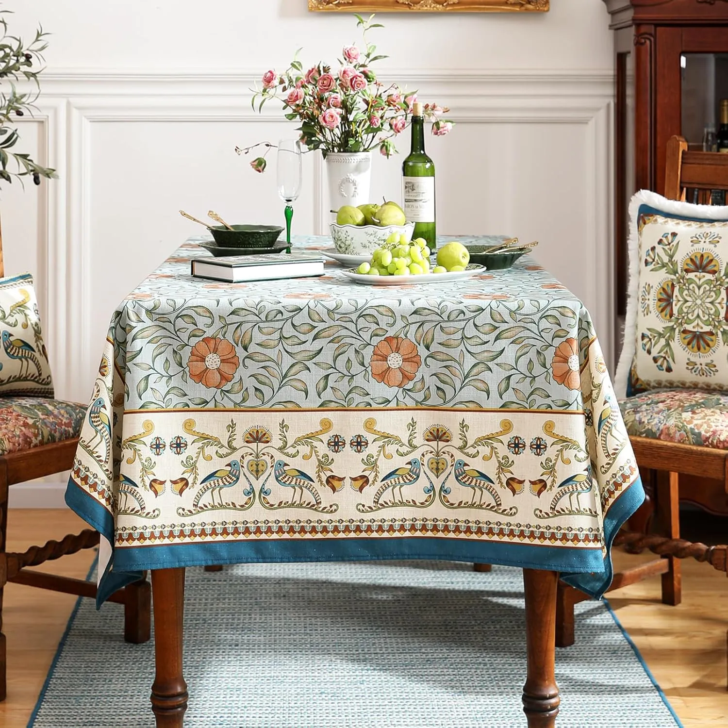 Patdrea Designer French Table Cloth, Blue Italian Floral Tablecloth, Provencal Country Spring Summer Linen Tablecloth, Wrinkle Free Table Cover for Kitchen Dining, Christmas, 55"x87"