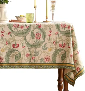 patdrea Designer Green Tablecloth for Rectangle Tables,Vintage Linen with Leaves and Flowers Pattern Tablecloths,Farmhouse Floral Table Cover Cloth Decor for Kitchen Dining Christmas,55"*71"