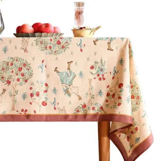 patdrea Designer Small Beige Tablecloth for Square Tables,Vintage French Linen with Trees and Kids Pattern Table Cloth,Farmhouse Table Cover Cloth Decor for Kitchen Dining Christmas,55"*55"