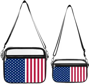Patriotic USA Flag Red White Blue Stars Transparent Cross Bag Two-piece Set, Fashionable Transparent Bag