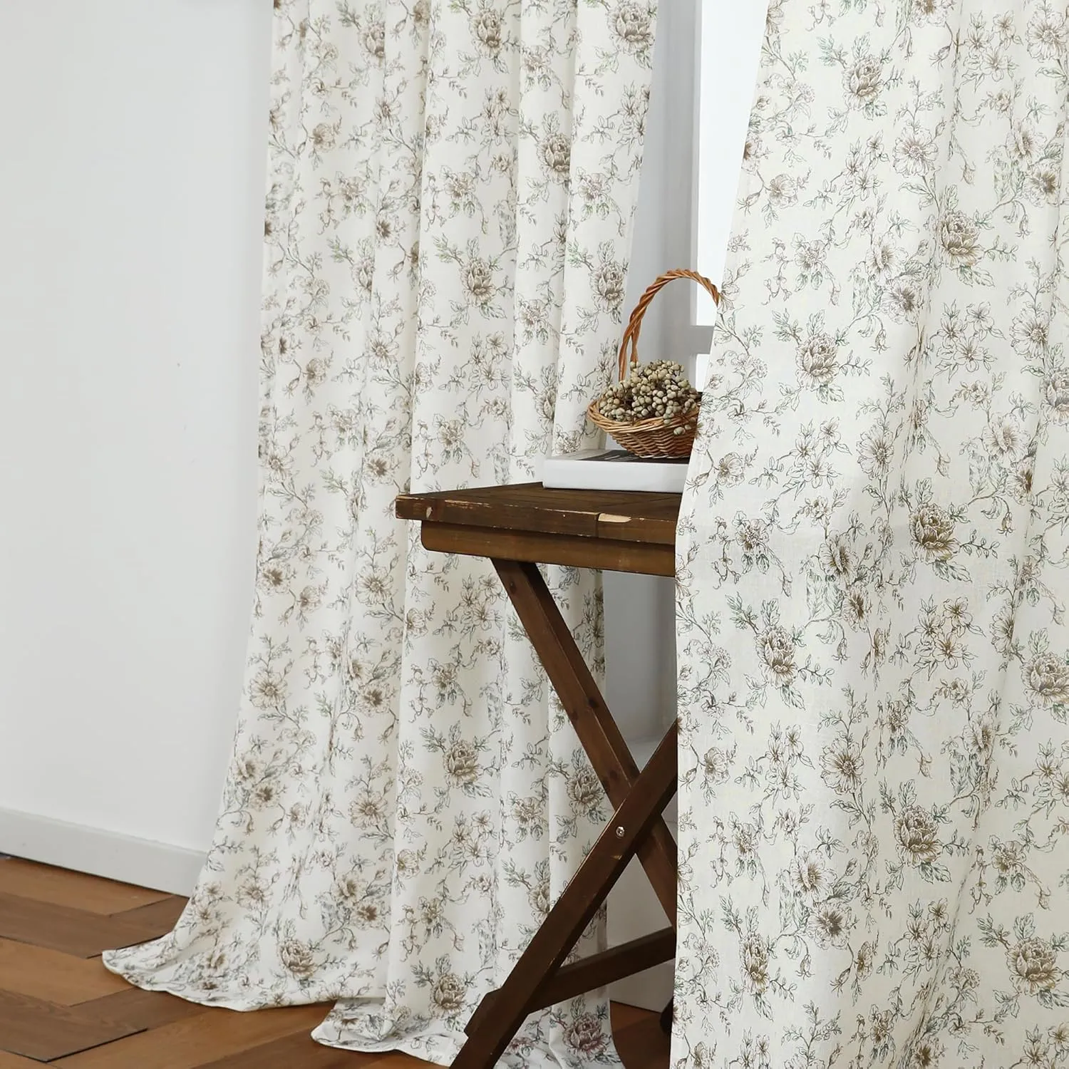 Patterned Curtains 96 Inches Long 2 Panels Set,Sheer Linen Brown Cream Beige Floral Farmhouse Vintage Antique Prairie Country Primitive Curtains for Living Room Bedroom