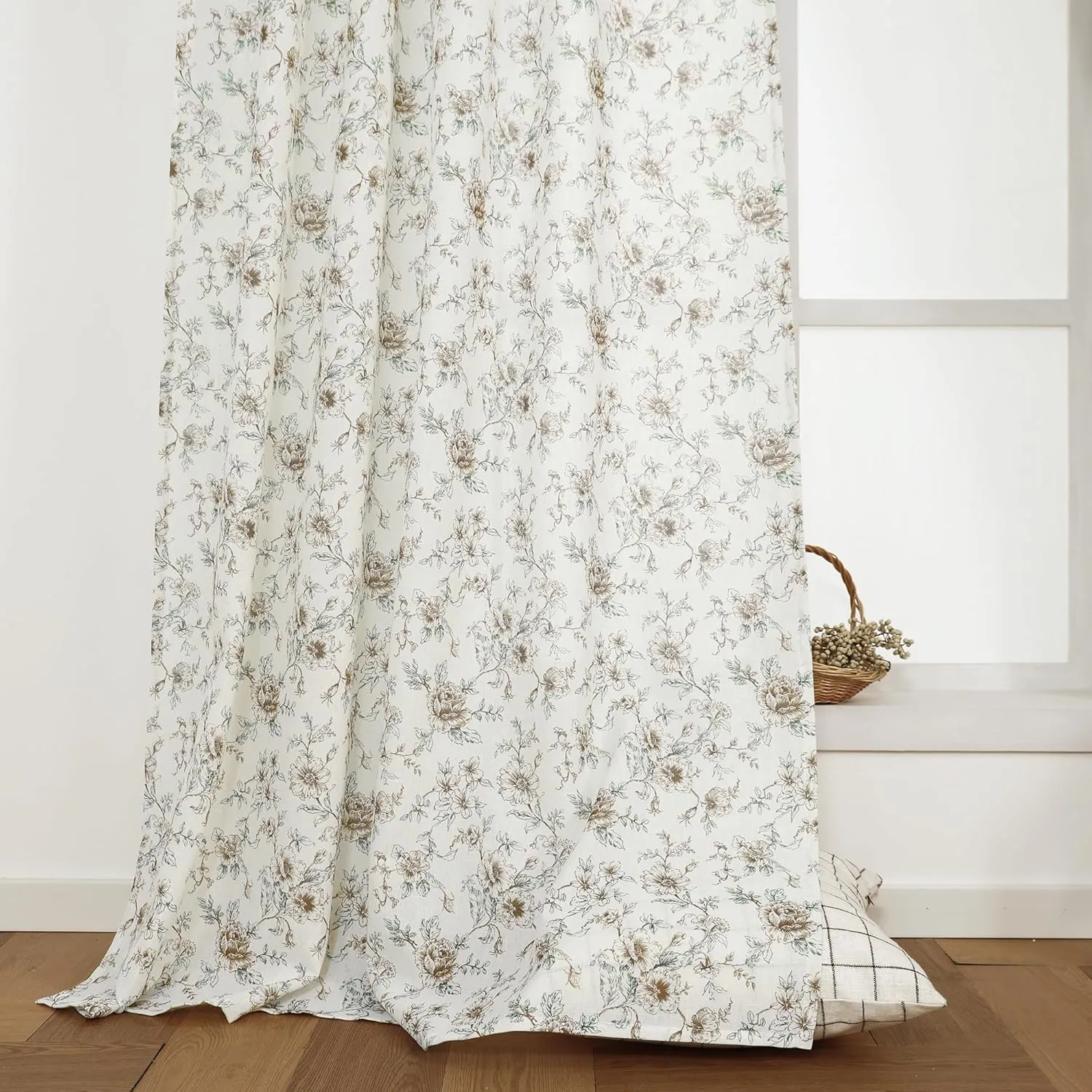 Patterned Curtains 96 Inches Long 2 Panels Set,Sheer Linen Brown Cream Beige Floral Farmhouse Vintage Antique Prairie Country Primitive Curtains for Living Room Bedroom