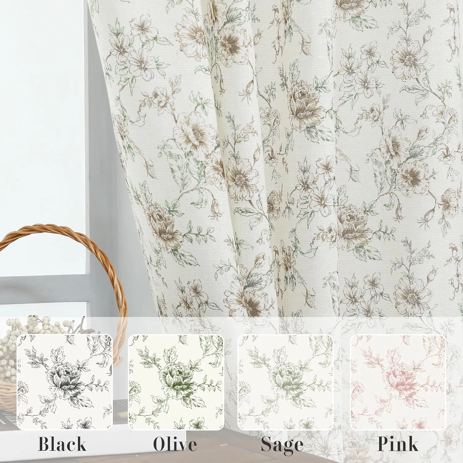 Patterned Curtains 96 Inches Long 2 Panels Set,Sheer Linen Brown Cream Beige Floral Farmhouse Vintage Antique Prairie Country Primitive Curtains for Living Room Bedroom