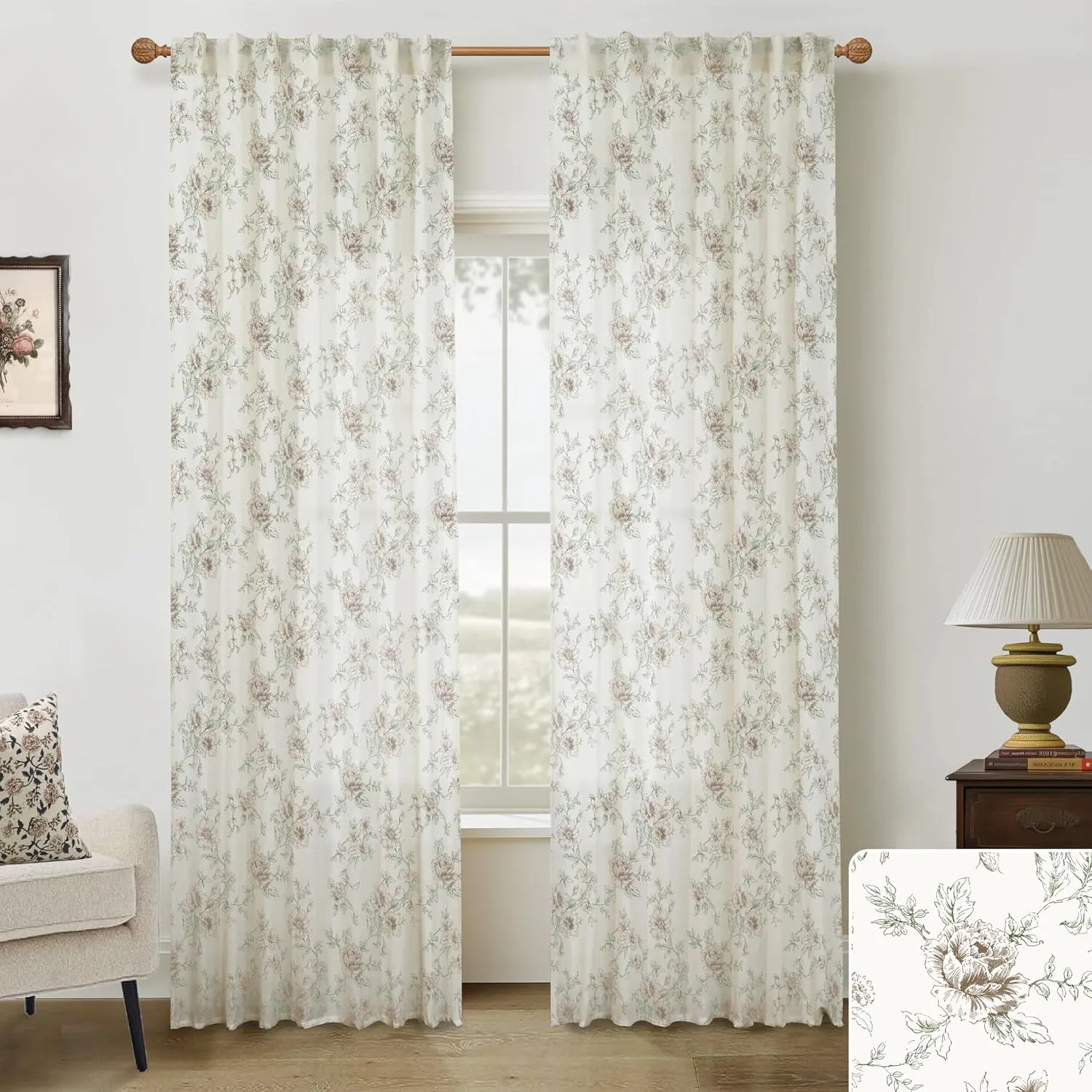 Patterned Curtains 96 Inches Long 2 Panels Set,Sheer Linen Brown Cream Beige Floral Farmhouse Vintage Antique Prairie Country Primitive Curtains for Living Room Bedroom