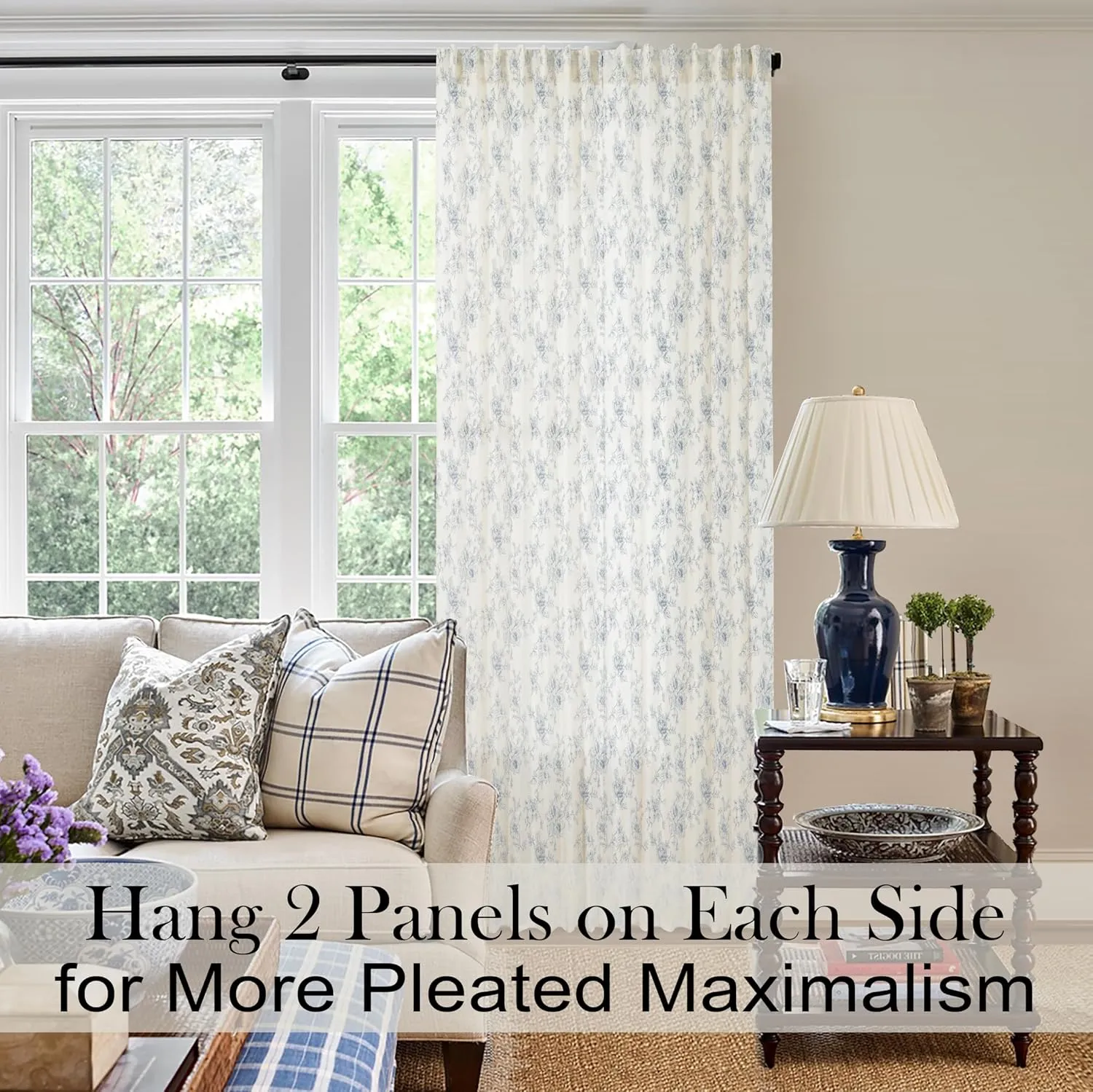 Patterned Farmhouse Curtains for Living Room,Light Blue Floral Toile Country Dusty Blue Grey Gray Coastal Curtains for Bedroom 84 Inch Length 2 Panels Set