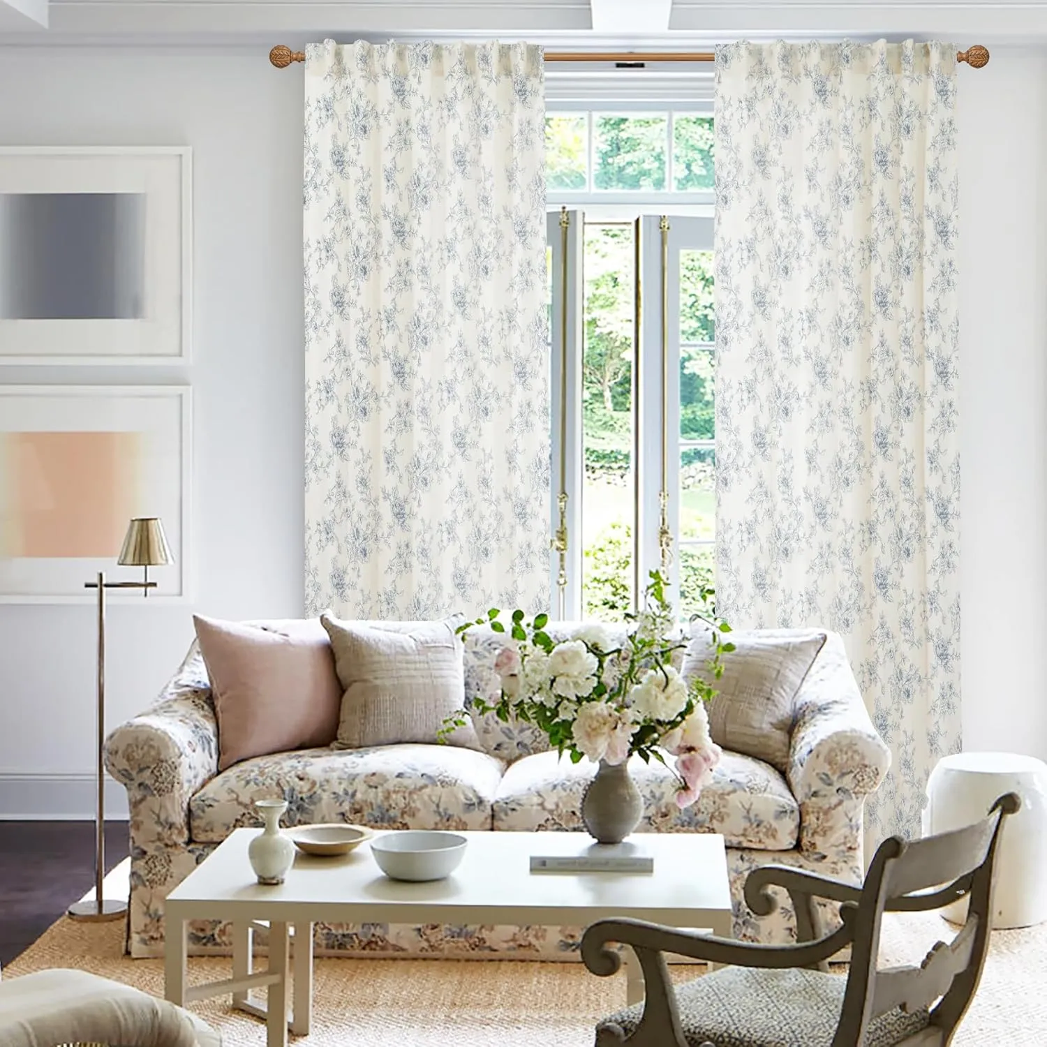 Patterned Farmhouse Curtains for Living Room,Light Blue Floral Toile Country Dusty Blue Grey Gray Coastal Curtains for Bedroom 84 Inch Length 2 Panels Set
