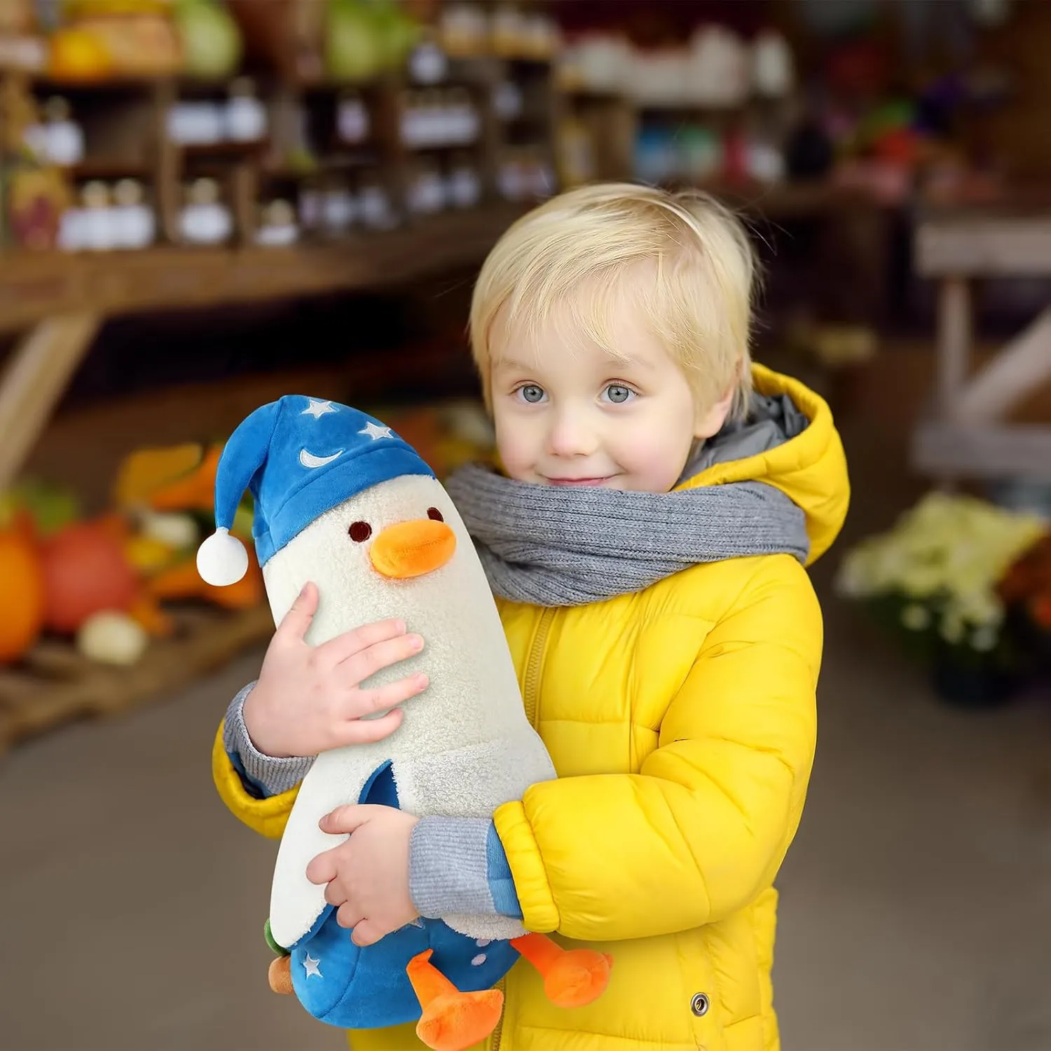 PEACH CAT Cute Long Banana Duck Plush Pillow Toy Cute Duck Plushie with Nightcap Duck Stuffed Animal for Kids White and Blue 12"
