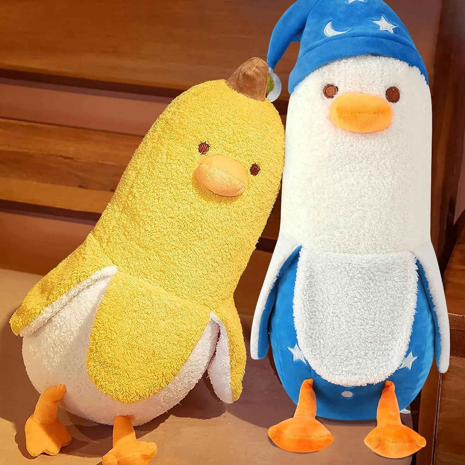 PEACH CAT Cute Long Banana Duck Plush Pillow Toy Cute Duck Plushie with Nightcap Duck Stuffed Animal for Kids White and Blue 12"